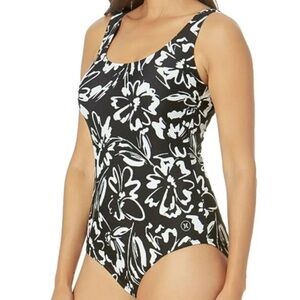 HURLEY Black White Ink Fresco Floral One Piece Swimsuit Womens S, M UPF 50